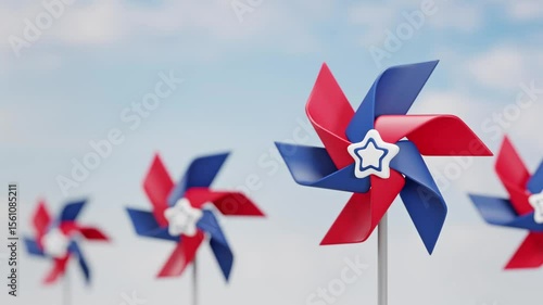 Vibrant red, white, and blue pinwheels with star centers spinning against a bright sky, symbolizing patriotism and celebration.