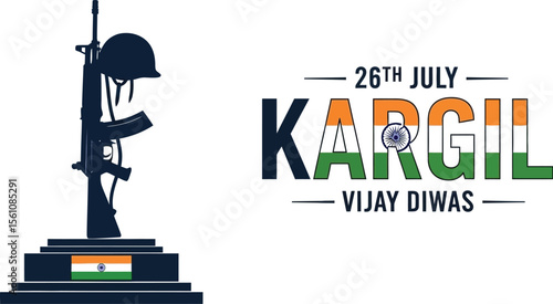 Commemoration of kargil vijay diwas with rifle and helmet silhouette and indian flag on july twenty sixth