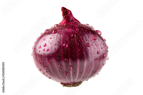 Single red onion with water drops, isolated on black.