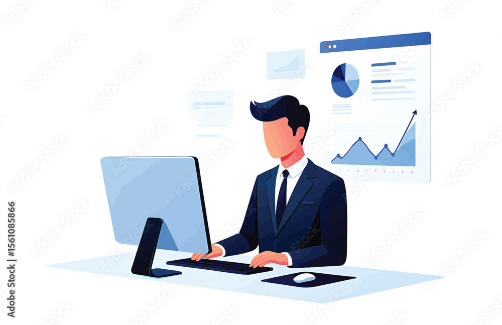 Businessman Analyzing Data on Computer - Vector Illustration Businessman Analyzing Data on Computer - Vector Illustration