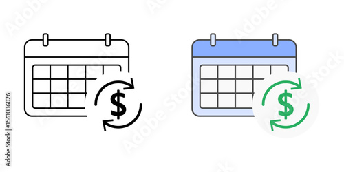 Payment rescheduling icon with calendar, money symbol, and refresh arrows, perfect for BNPL, finance management, and flexible payment illustrations.