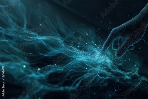 Digital hand touching glowing blue bioluminescent interface generating energy waves