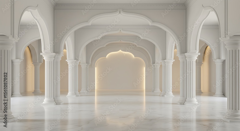 Fototapeta premium Luxury white empty room classic space interior, There are decorated with arches indian style, doric column, white marble floor and hidden warm light