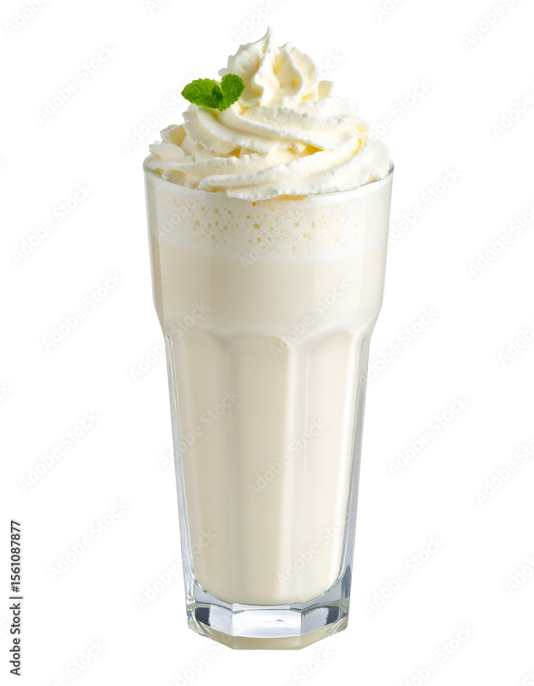 Delicious creamy cold beverage in a tall glass with luxurious swirl of whipped topping and refreshing green garnish perfect milk based dessert drink for ultimate indulgence and refreshment Delicious creamy cold beverage in a tall glass with luxurious swirl of whipped topping and refreshing green garnish perfect milk based dessert drink for ultimate indulgence and refreshment