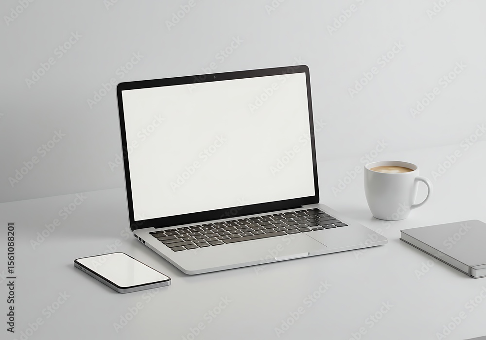 Fototapeta premium Blank Laptop Screen Mockup Modern Workspace with Phone and Notebook