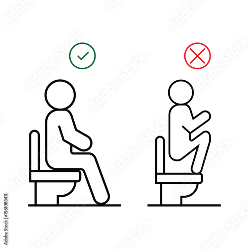 right and wrong sitting on bathroom, Correct toilet sitting posture, right position for light defecation with angle in knee and stage. Right and wrong posture of sitting on toilet. Vector line sign