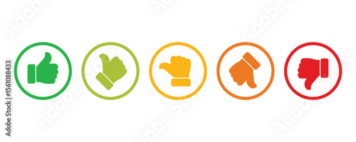 Rating and feedback scale icon on circle outline. Excellent, good, average, poor, and bad thumb color sign symbol