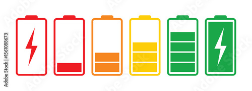 Battery charge rating and feedback scale symbol. bad, poor, average, good and excellent battery charge color sign symbol