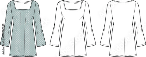 Flared sleeve tunic top, square neckline blouse, front and back flat sketch, fashion illustration, trendy women’s top design flat vector illustration