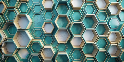 Abstract Teal and Beige Hexagonal Pattern Background of Interlocking Geometric Shapes