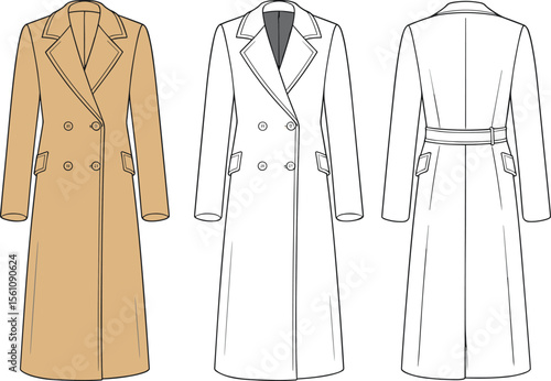 Long trench coat technical flat, double breasted design, fashion illustration, women's outerwear, coat sketch, detailed garment drawing flat vector illustration