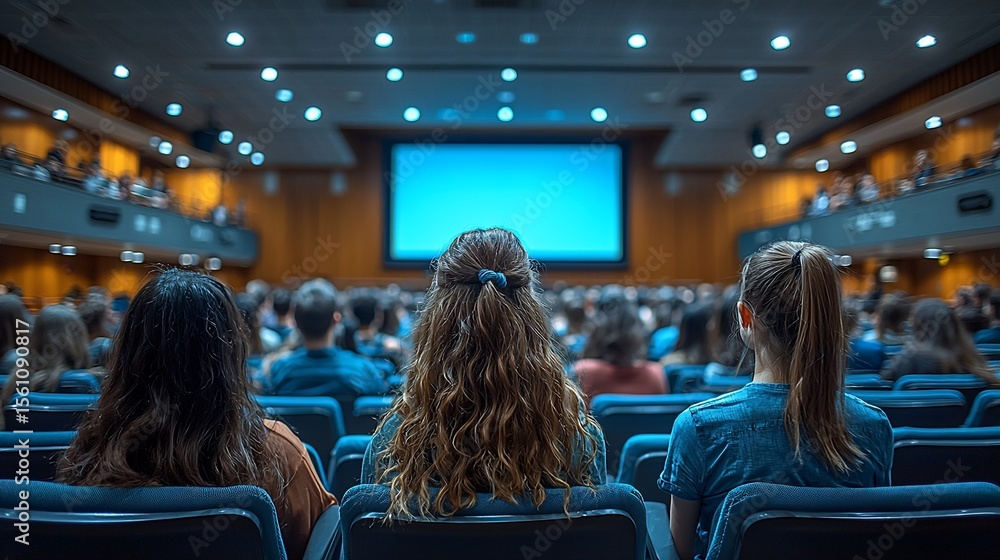 Large auditorium filled with audience members Large auditorium filled with audience members
