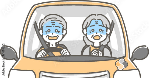 驚いて青ざめた表情の、車を運転する高齢者のイラスト
