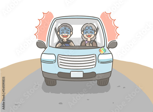 驚いて青ざめた表情の、車を運転する高齢者の背景ありイラスト
