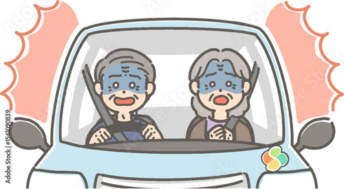 驚いて青ざめた表情の、車を運転する高齢者のイラスト
