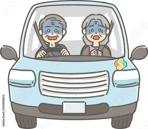 驚いて青ざめた表情の、車を運転する高齢者のイラスト
