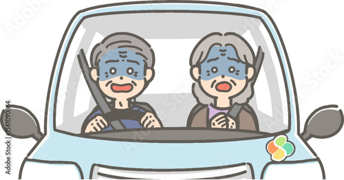 驚いて青ざめた表情の、車を運転する高齢者のイラスト

