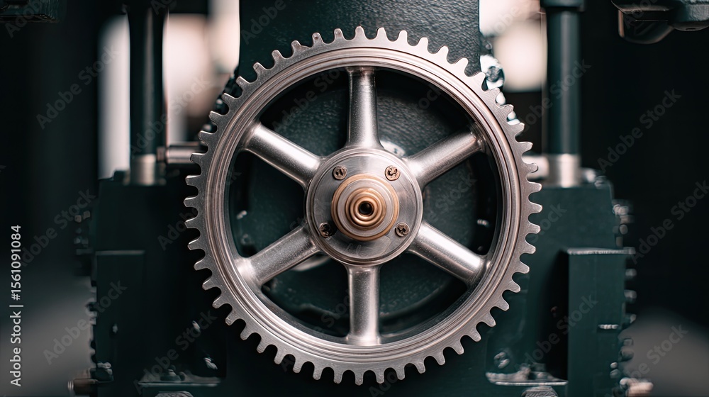 Fototapeta premium Close-up of gear mechanism inside vintage engine block with dark workshop setting