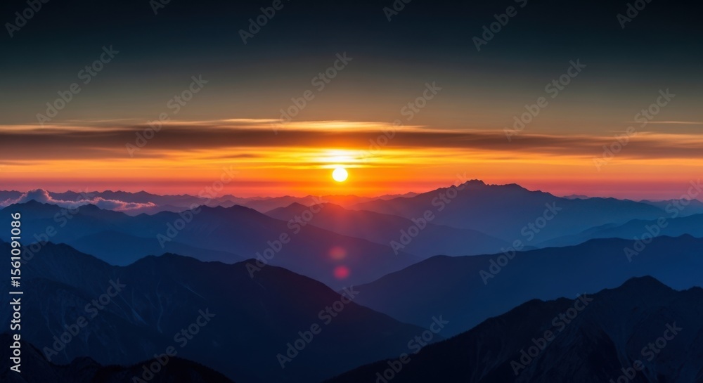 Fototapeta premium A vista of mountains at dawn with a vibrant orange sky and rising sunlight