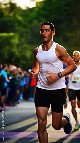 Athletes running a marathon race on city street during the daytime with bright sunlight and sun flare in the background, fitness event.