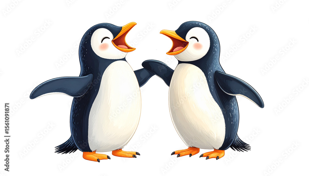 Obraz premium Two penguins joking with each other, one slapping its knee in laughter, red tone, transparent background.