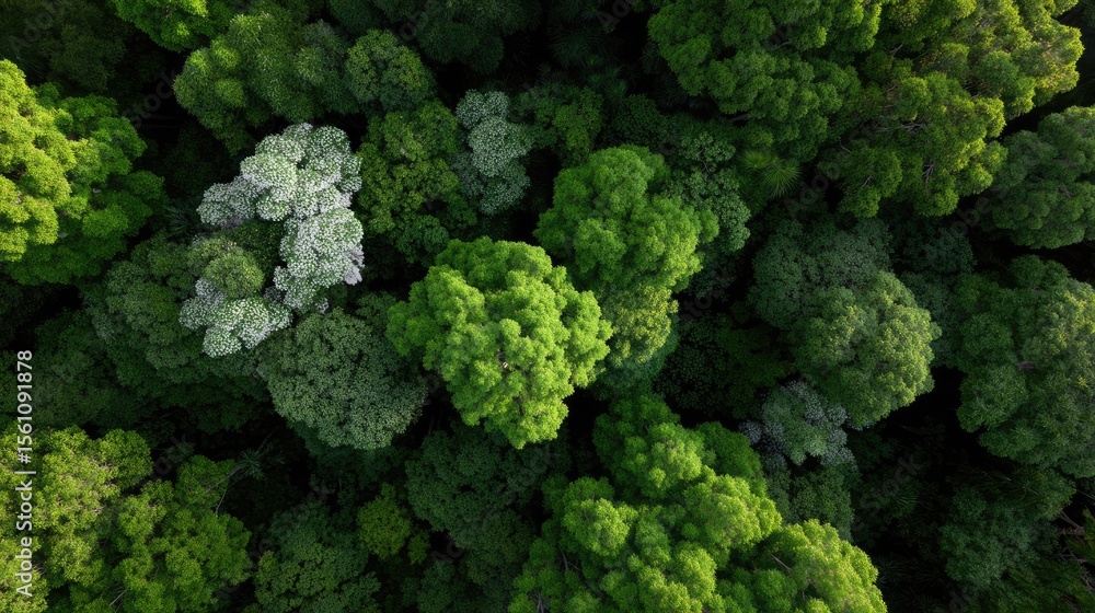 Naklejka premium Forest canopy from above showing tall green trees, symbolizing mature natural growth