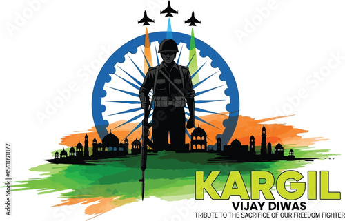 Kargil vijay diwas tribute with soldier silhouette, planes, and indian flag wheel illustration