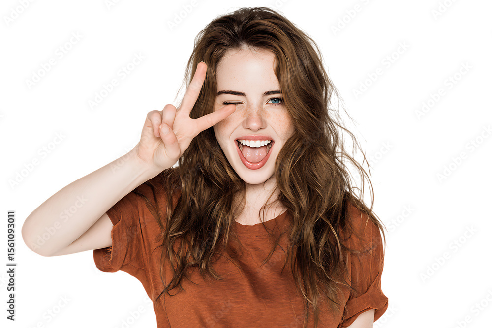 Cheerful girl with brown hair making peace sign, winking. Cheerful girl with brown hair making peace sign, winking.