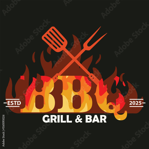BBQ Grill Bar Logo Vector with Flames and Crossed Utensils.