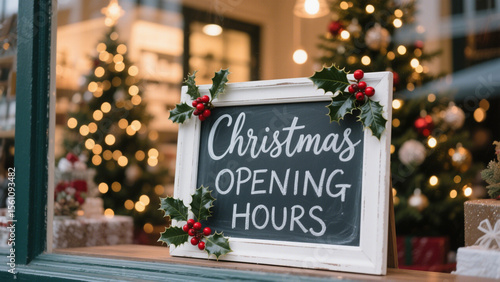 A festive Christmas storefront scene featuring a hanging chalkboard sign with the words 'Christmas OPENING HOURS' written in elegant white cursive. Christmas, Christmas Tree, Merry Christmas