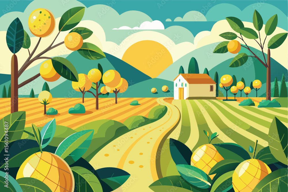 Sun-Kissed Citrus Grove A Vibrant Tuscan Landscape Illustration Sun-Kissed Citrus Grove A Vibrant Tuscan Landscape Illustration