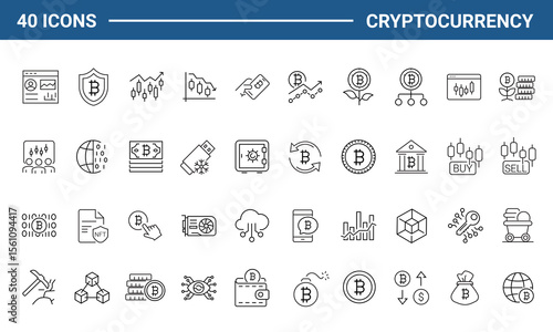 Cryptocurrency set of web icons in line style. Crypto technology and Blockchain icons for web and mobile app. Crypto currency, bitcoin, NFT, technology, decentralized finance, encryption, token