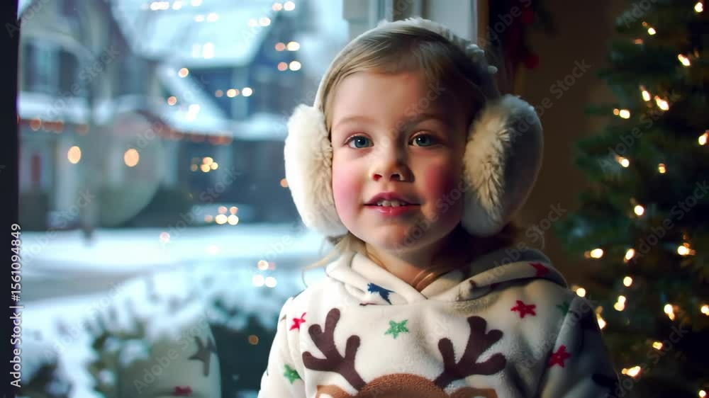 Thoughtful Little Girl in Earmuffs Looking out the Window at Christmas Thoughtful Little Girl in Earmuffs Looking out the Window at Christmas
