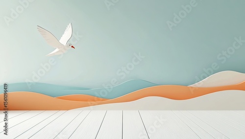 Pastel-toned room with seagull and wavy landscape