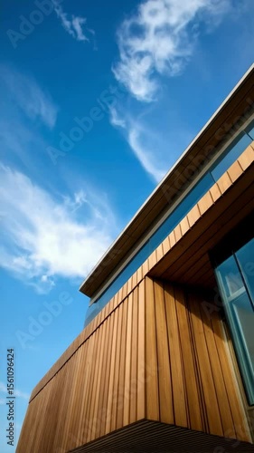 Modern minimalist architecture with wooden paneling and blue sky with clouds; shot from low angle showcasing the building's design and clean lines.
