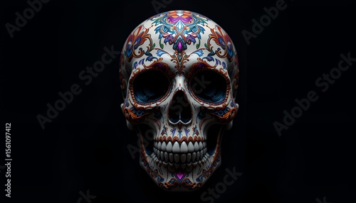 Ornate skull against black backdrop featuring colorful floral designs, creating a morbid beauty.