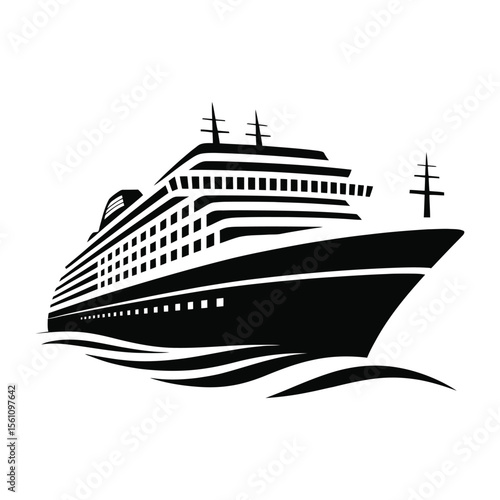 A black and white silhouette illustration of a luxury cruise ship against a white background