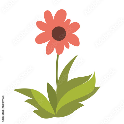 2D illustration of a single red flower with green leaves, great for spring themes, floral graphics, or children’s garden content.