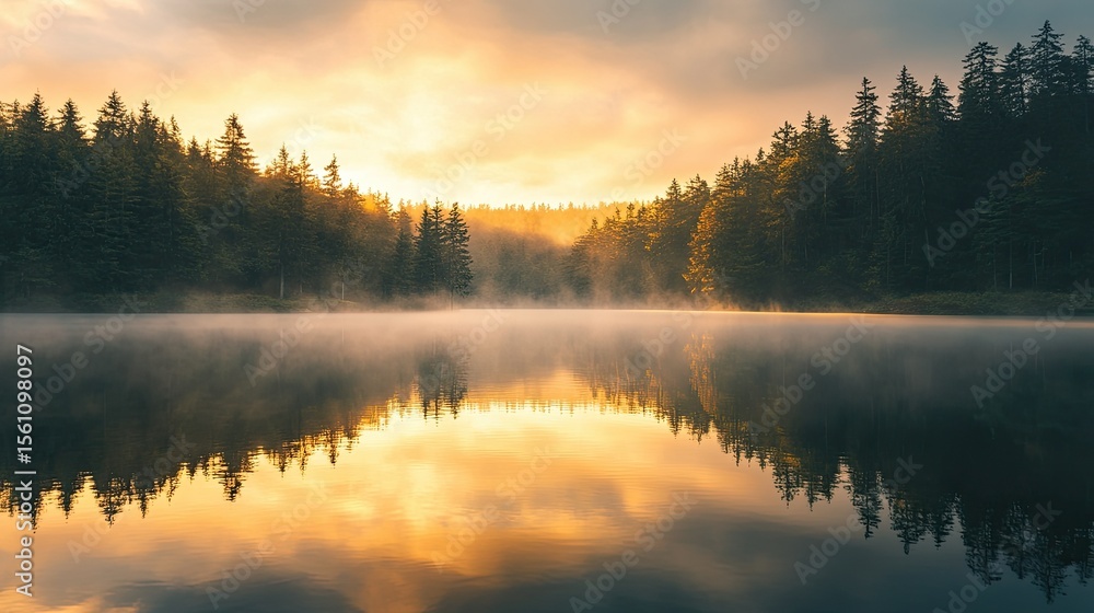 Fototapeta premium Golden sunrise over a tranquil lake with a misty forest.