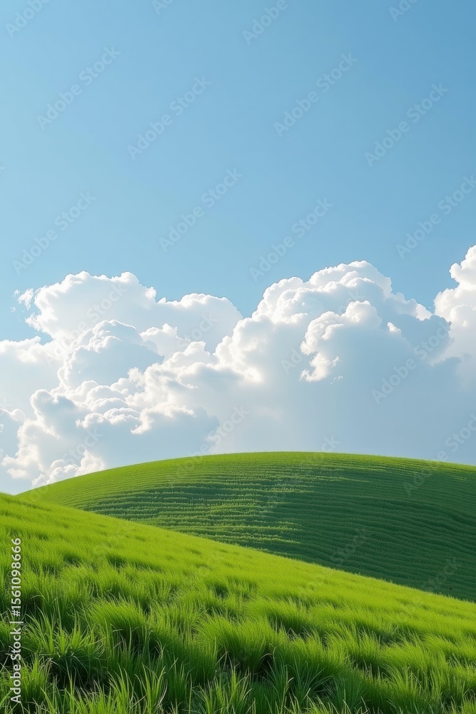 Obraz premium Rolling green hills under a bright blue sky with fluffy white clouds create a serene and vibrant natural landscape.