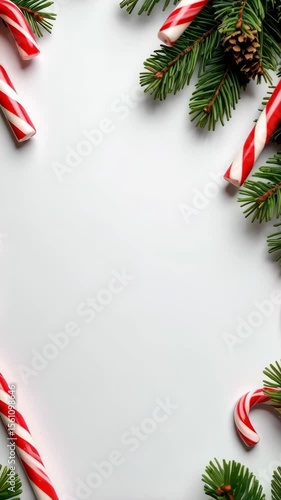 Festive holiday composition with candy canes, pine needles, pinecones and red berries on a white backdrop creates a Christmas mood.
