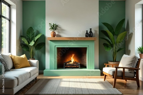 A cozy living room featuring a fireplace with a hearth painted a calming shade of green, surrounded by comfortable furniture and natural textures , cottage, minimalist, furniture