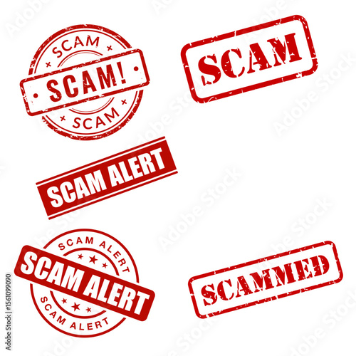 "Set of Bold Red Scam Warning Rubber Stamps for Fraud and Alert Notifications on White Background"