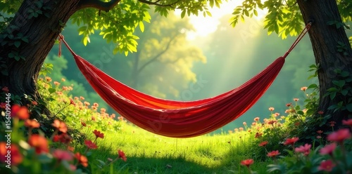 Sun-drenched hammock swaying gently in a breeze, surrounded by lush green foliage and vibrant wildflowers Perfect for relaxation and escaping the heat , green, idyllic
