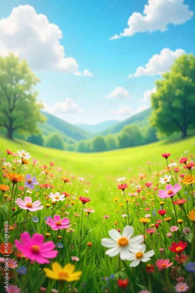 Fototapeta premium A vibrant spring scene bursting with wildflowers in a sun-drenched meadow, conveying a feeling of carefree joy and natural beauty Perfect for themes of freedom, renewal, and optimism , field, green