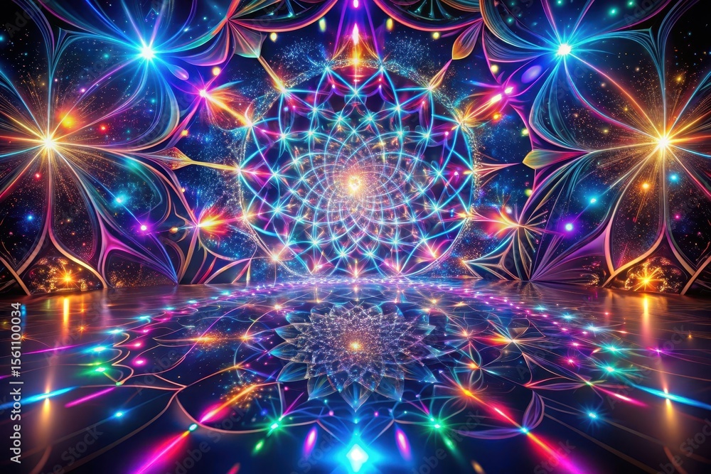 Fototapeta premium Radiant Celestial Mandala A Mystical Illuminated Stage Setting with Glowing Floral Patterns and Reflective Floor