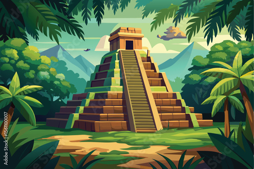 Ancient Mayan Pyramid in Lush Jungle A Vibrant Illustration