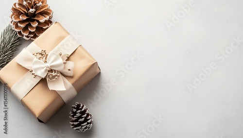 A light beige gift box, tied with a cream ribbon, sits amidst wintery pine cones and greenery