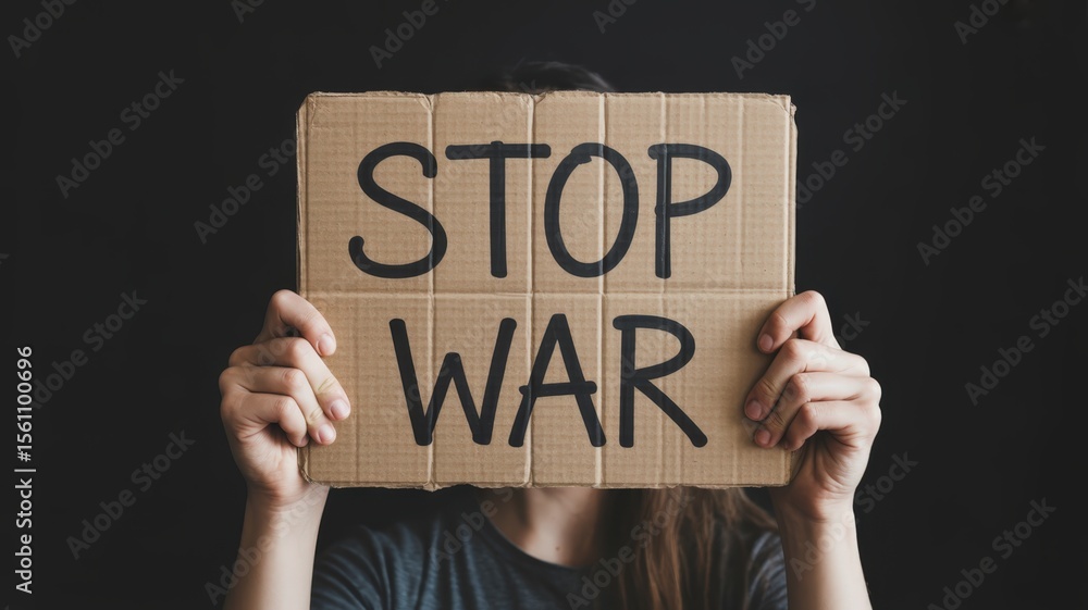 Person holding a cardboard sign that reads Person holding a cardboard sign that reads