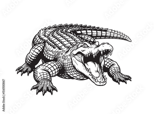A fearsome black and white vector illustration of a crocodile with its mouth wide open, teeth exposed. Reptile.